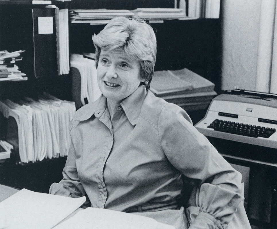 black and white image of Professor Dorothy Brown seated at a desk in an office.